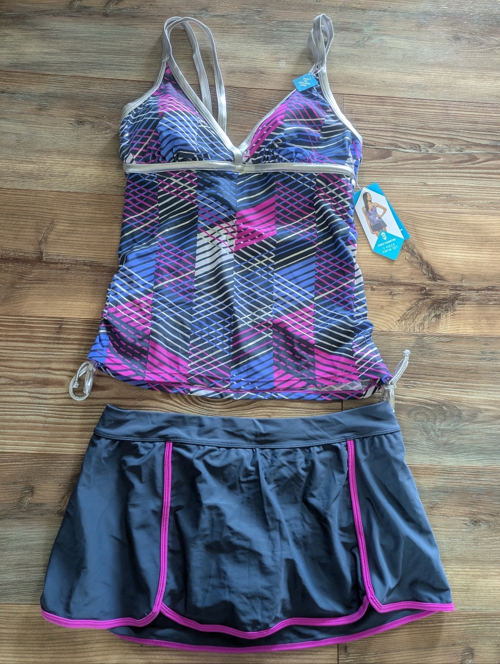 Free Country Tankini & Skort UPF 50 2 Piece Swim Set Raspberry Slate LRG